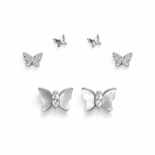 925 Sterling Silver Butterfly Stud Earrings Set | 3 Pair CZ & MOP Butterfly Studs