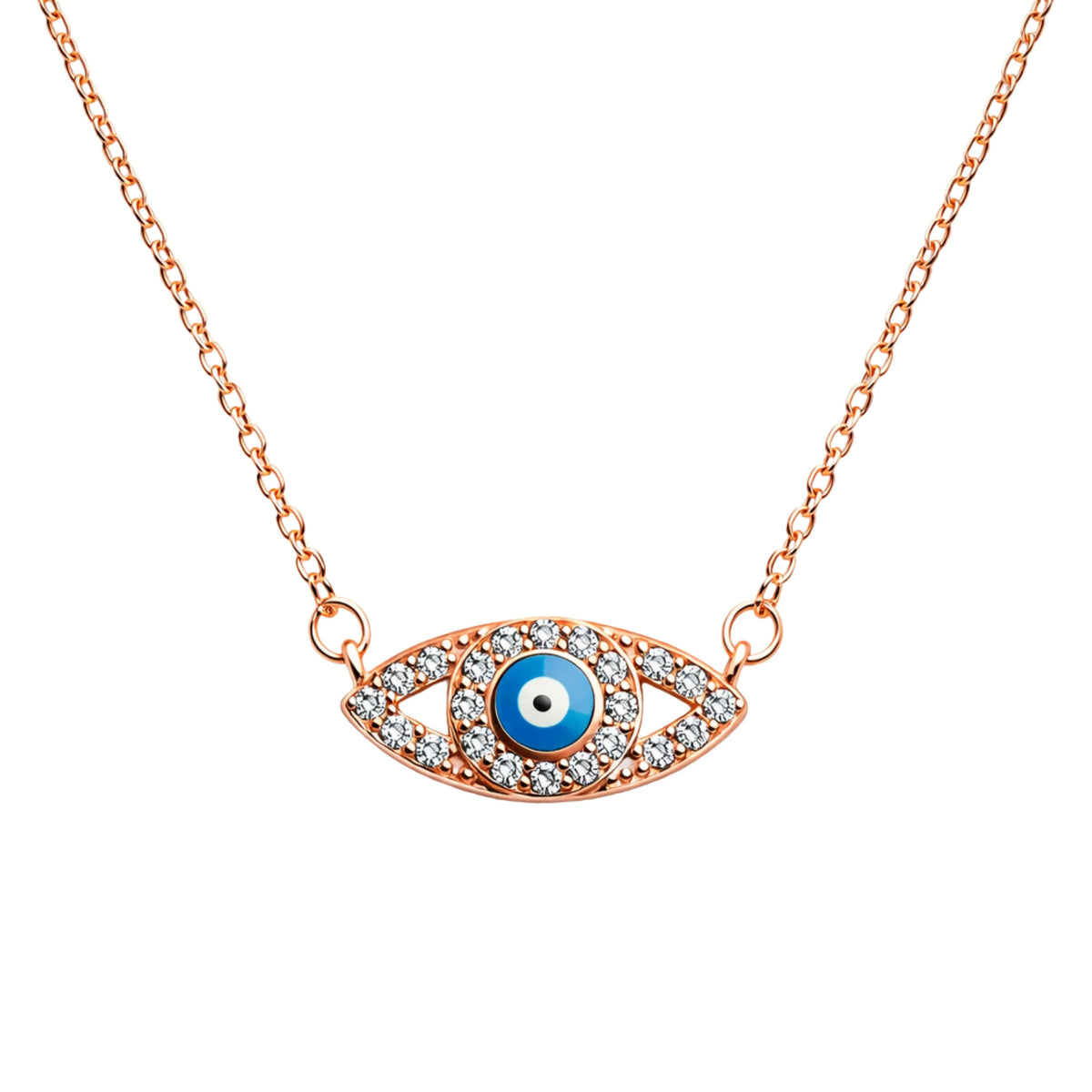 925 Sterling Silver Rose Gold Evil Eye Necklace with Blue Center & CZ Stones