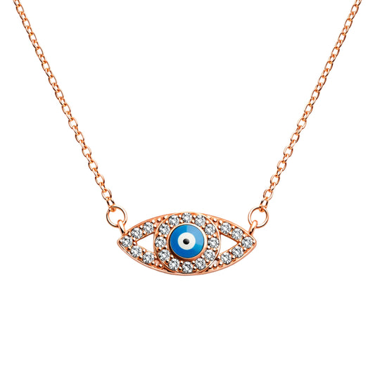 925 Sterling Silver Rose Gold Evil Eye Necklace with Blue Center & CZ Stones