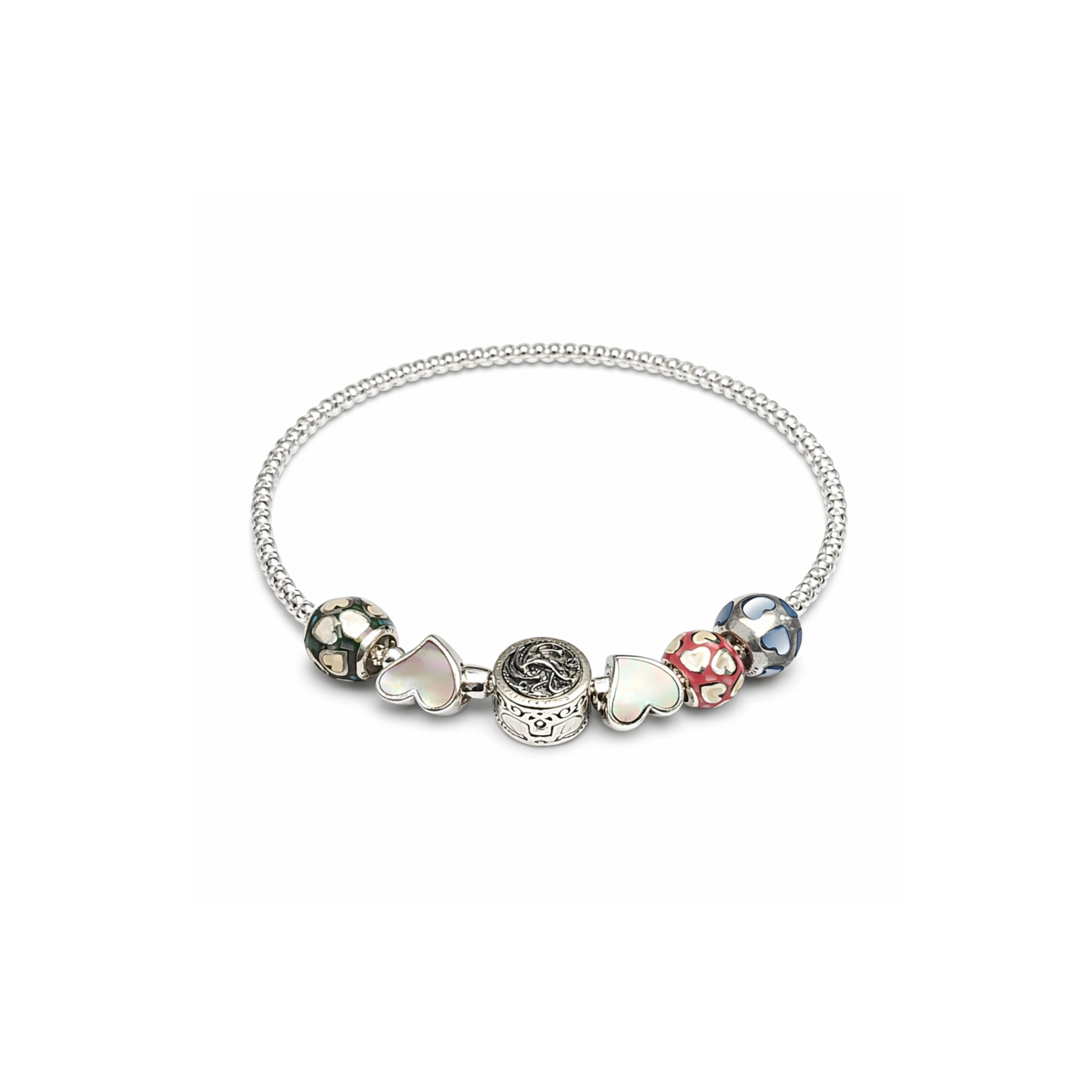925 Sterling Silver Charm Bracelet with Multicolor Beads & Heart Charms – Designer Women’s Bracelet