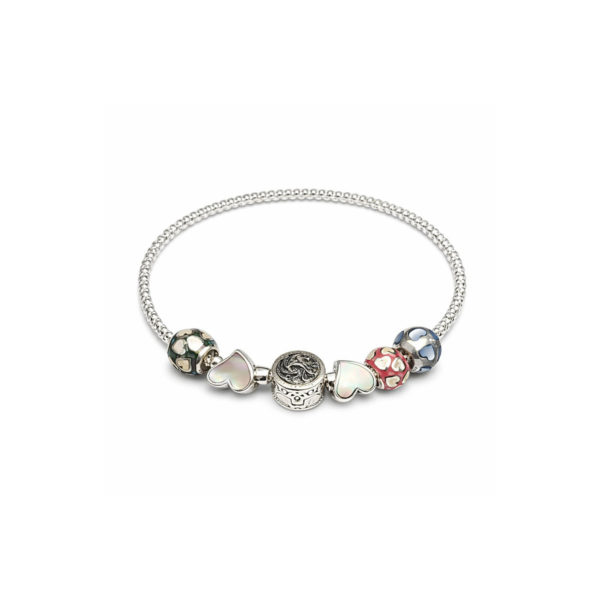 925 Sterling Silver Charm Bracelet with Multicolor Beads & Heart Charms – Designer Women’s Bracelet
