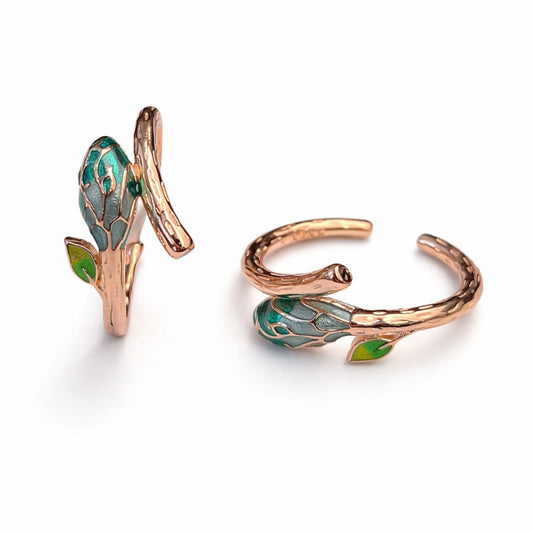 925 Sterling Silver Rose Gold Toe Ring | Green Enamel Leaf Branch Adjustable Ring