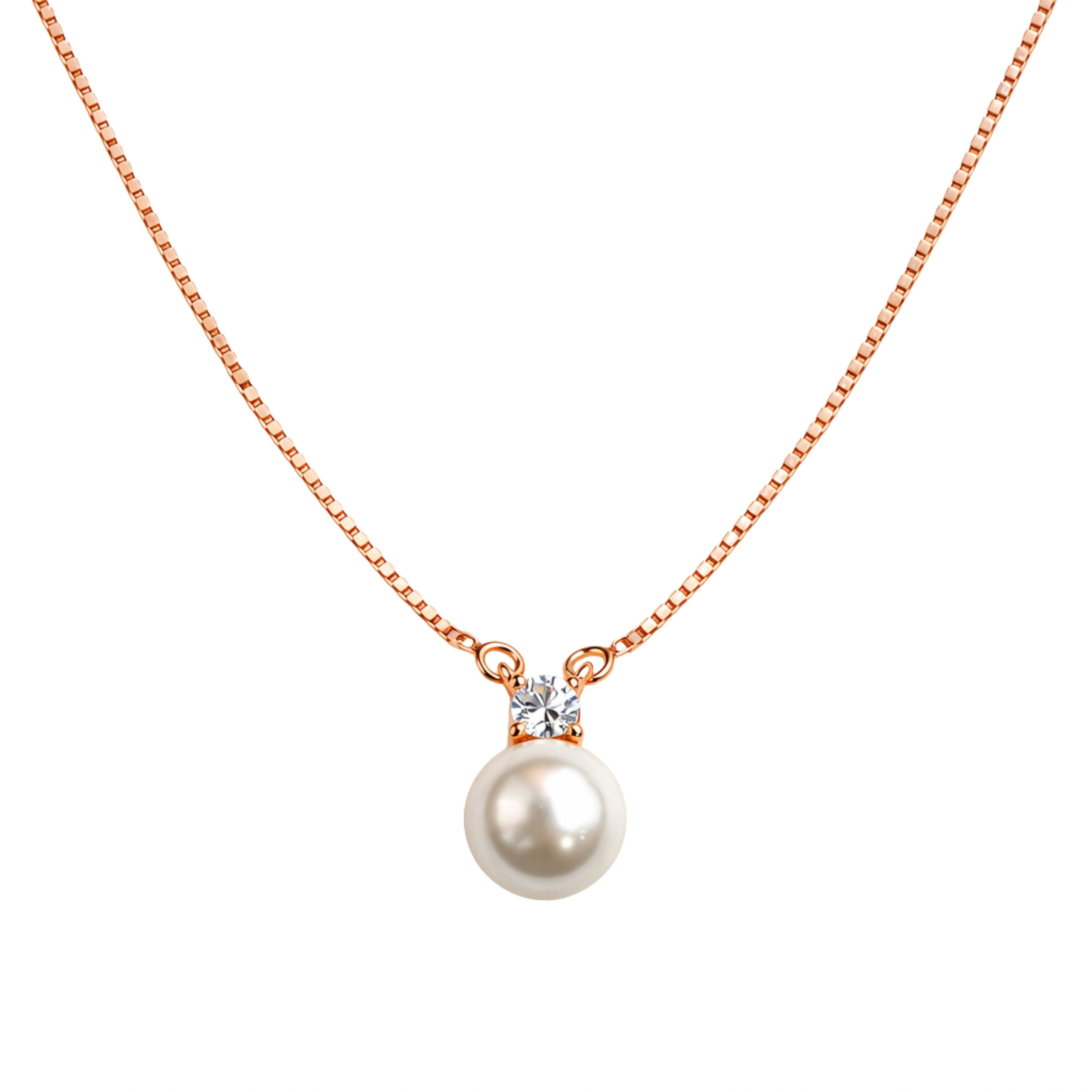 925 Sterling Silver Rose Gold Pearl Pendant Necklace with CZ Diamond Accent