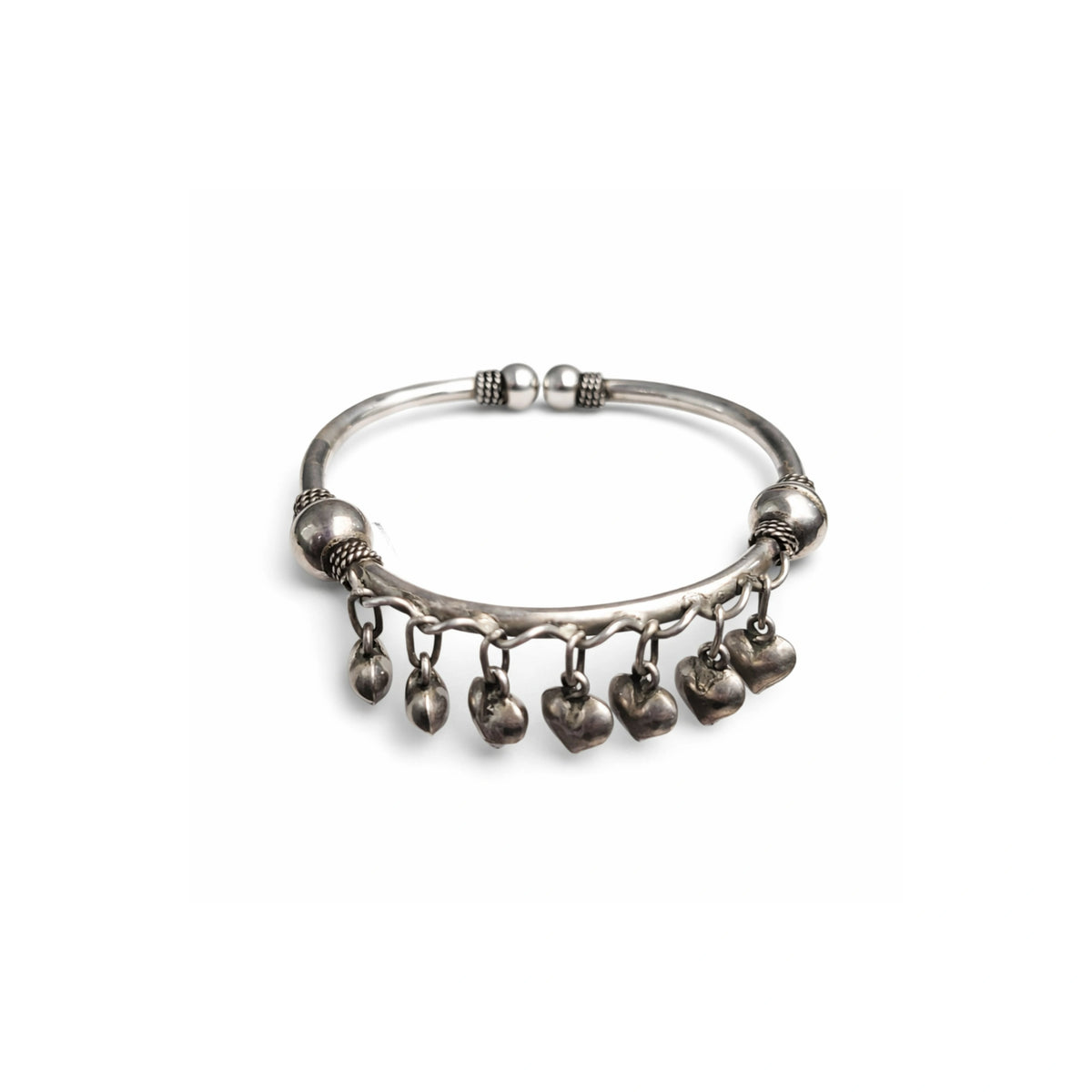 925 Sterling Silver Kada with Hanging Heart Charms