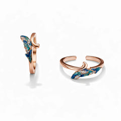 925 Sterling Silver Rose Gold Toe Ring | Blue Feather Leaf Enamel Adjustable Ring