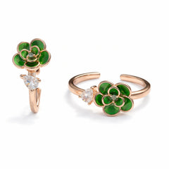 925 Sterling Silver Rose Gold Toe Ring | Green Flower Enamel Adjustable Ring