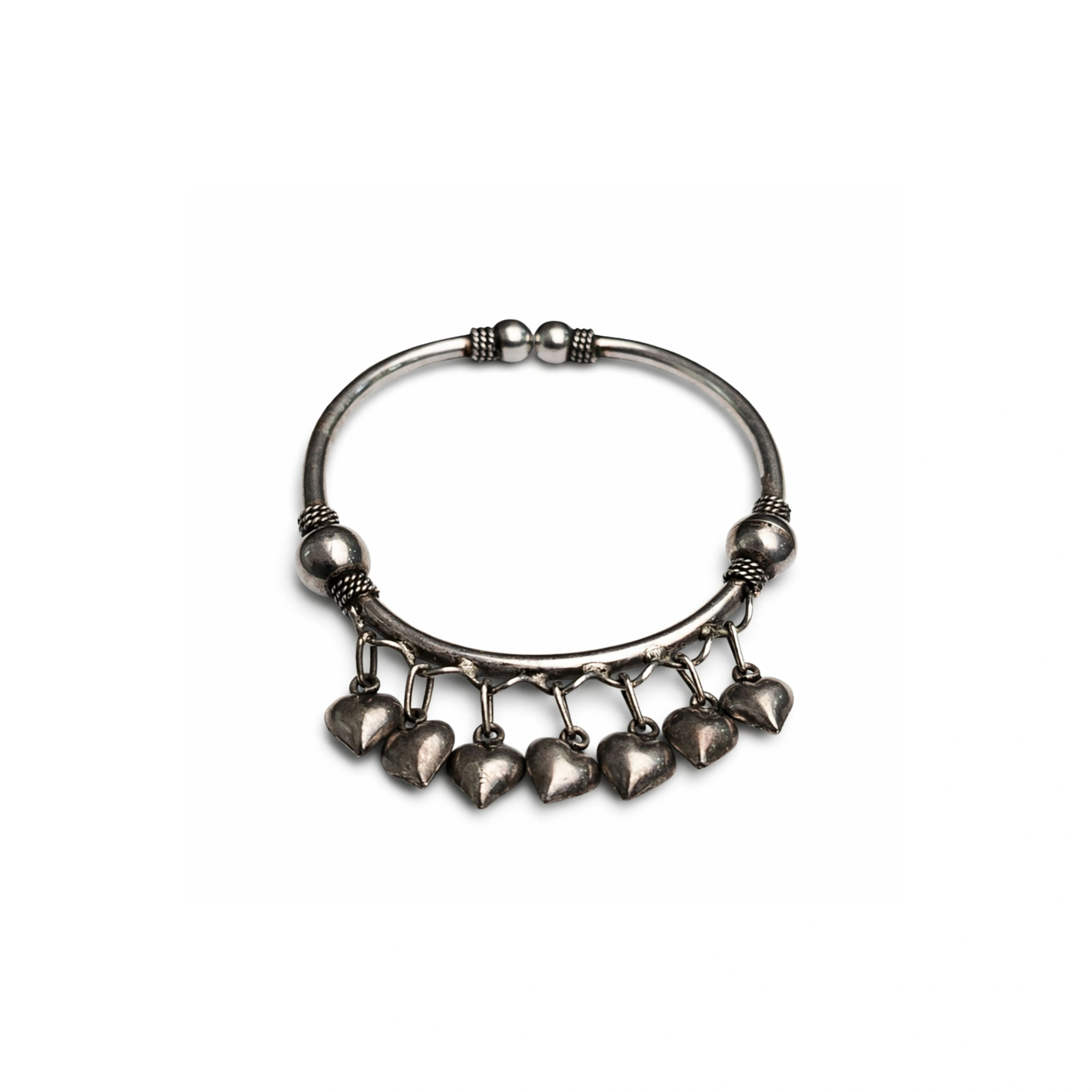 925 Sterling Silver Kada with Hanging Heart Charms