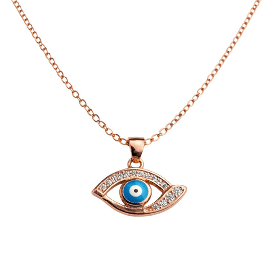 925 Sterling Silver Rose Gold Evil Eye Pendant Necklace with CZ Stones