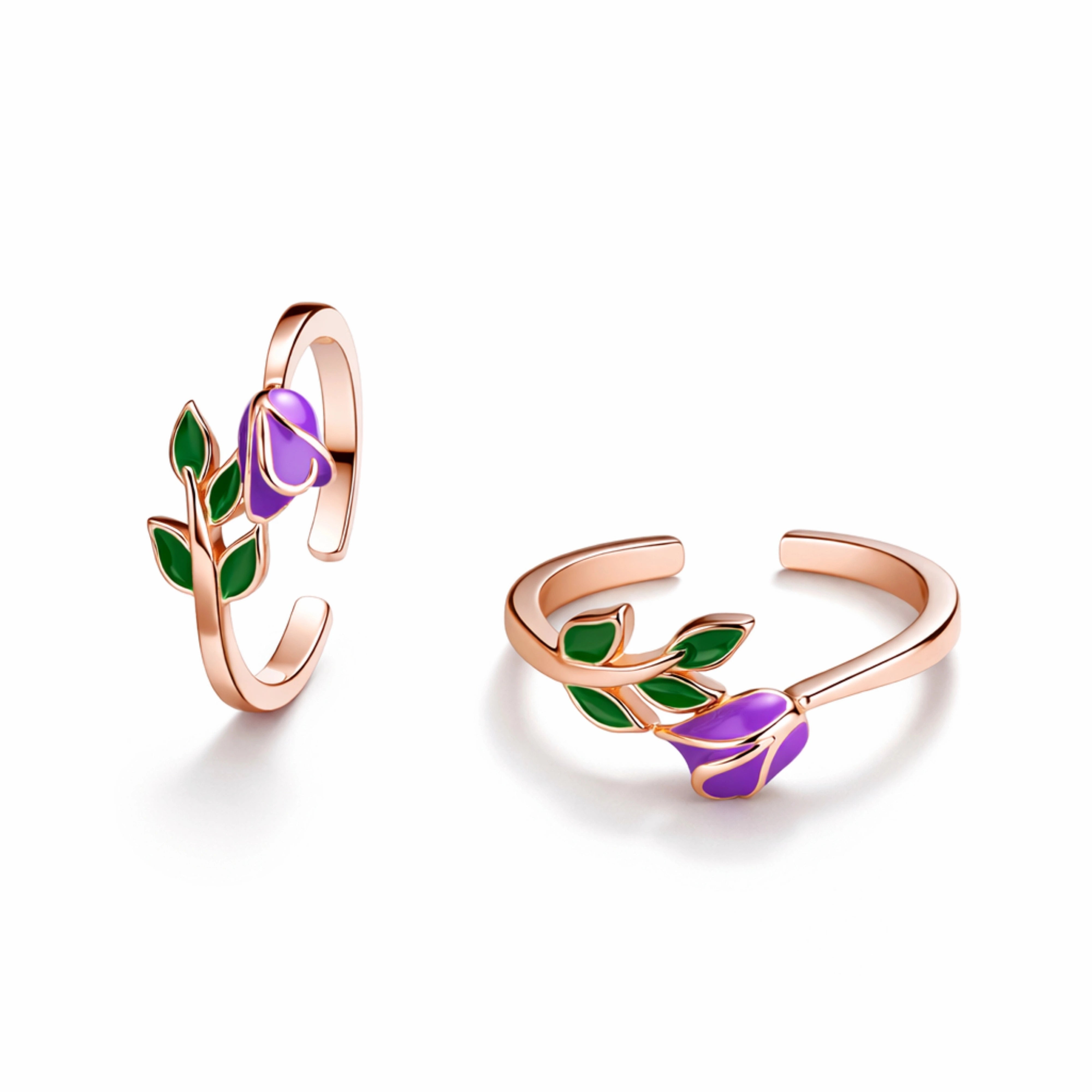 925 Sterling Silver Rose Gold Toe Ring | Purple Flower Vine Enamel Adjustable Ring