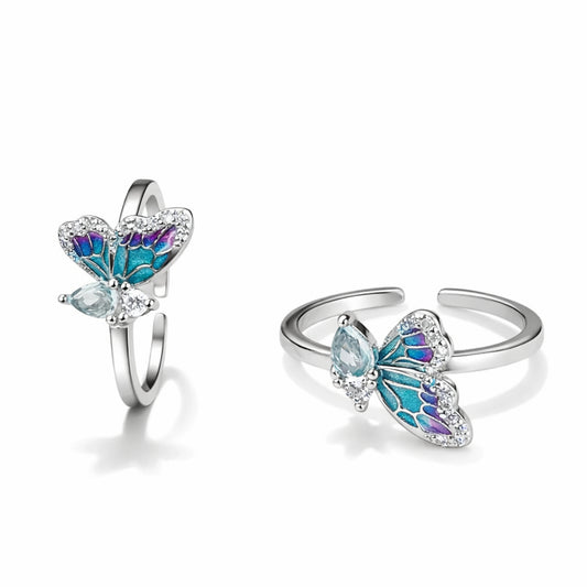 925 Sterling Silver Toe Ring | Blue Butterfly Enamel Adjustable Ring