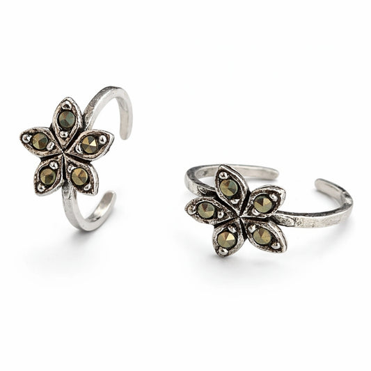 925 Sterling Silver Toe Ring | Oxidized Floral Vintage Adjustable Ring