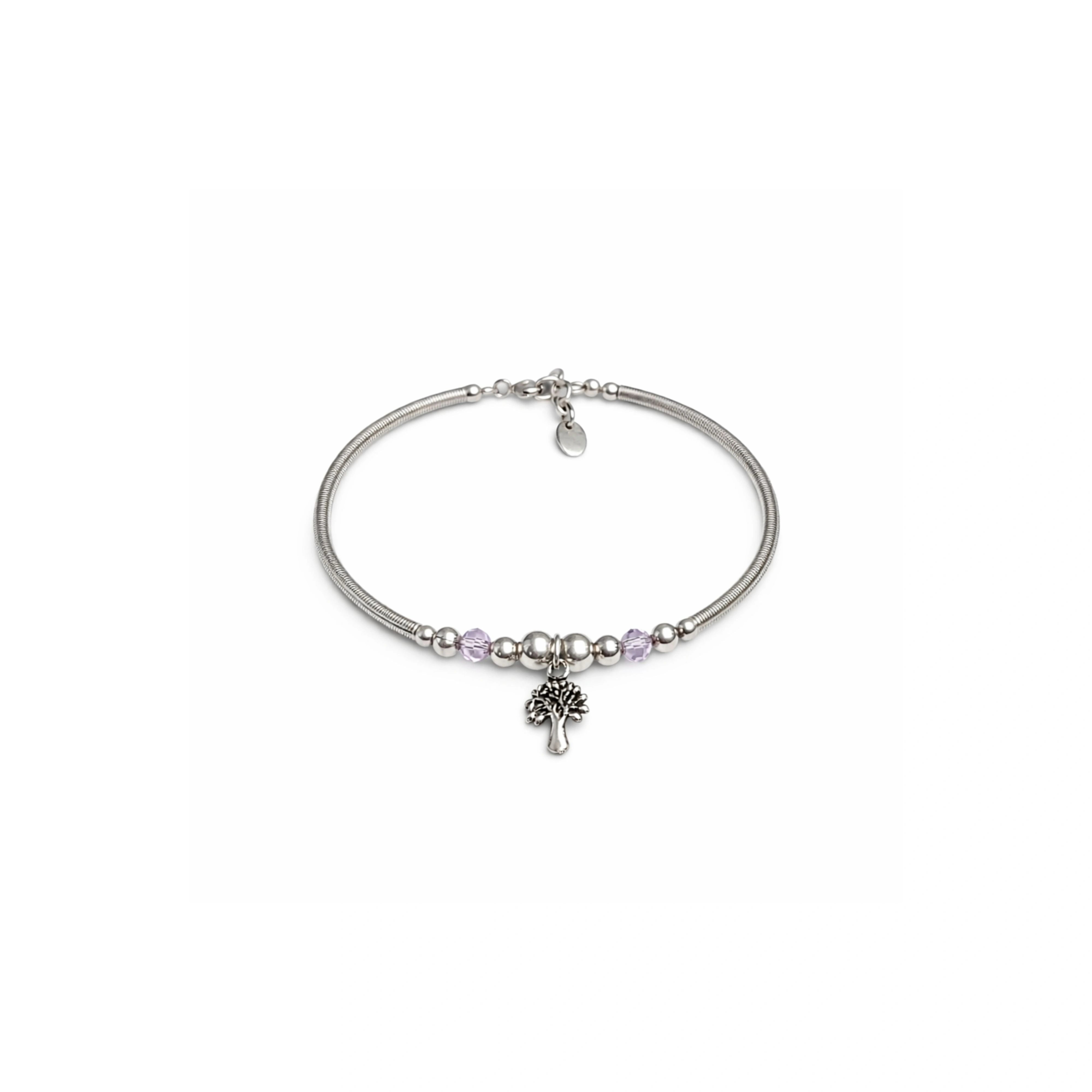 925 Sterling Silver Tree of Life Charm Bracelet with Lavender Crystal Beads