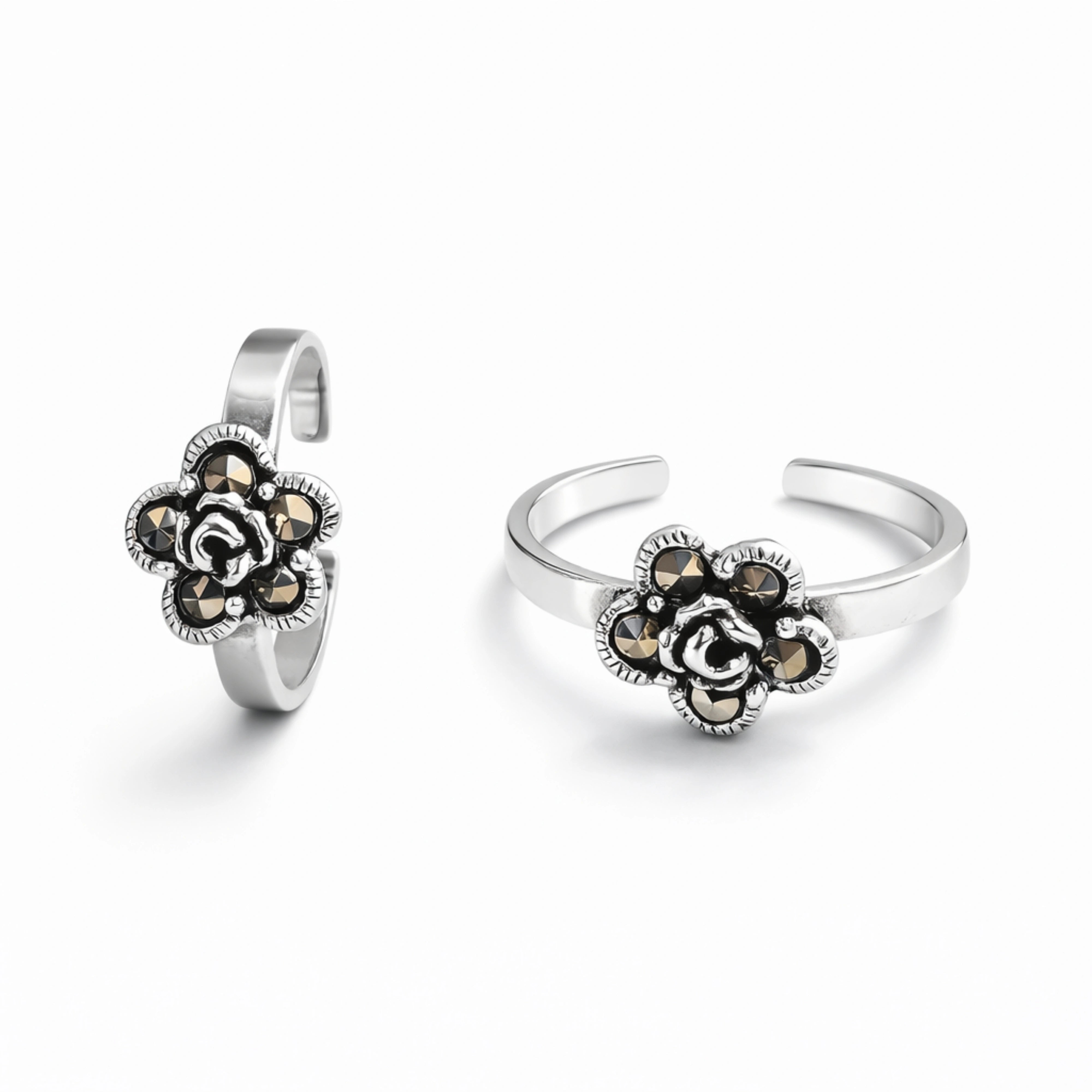 925 Sterling Silver Toe Ring | Oxidized Rose Flower Adjustable Ring