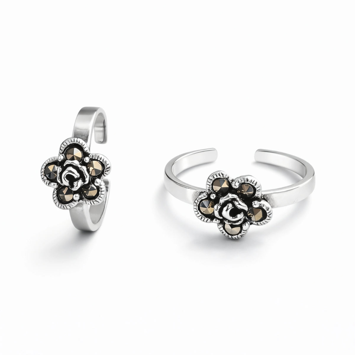 925 Sterling Silver Toe Ring | Oxidized Rose Flower Adjustable Ring