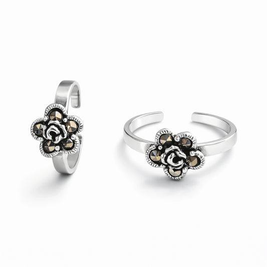 925 Sterling Silver Toe Ring | Oxidized Rose Flower Adjustable Ring
