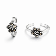 925 Sterling Silver Toe Ring | Oxidized Rose Flower Adjustable Ring