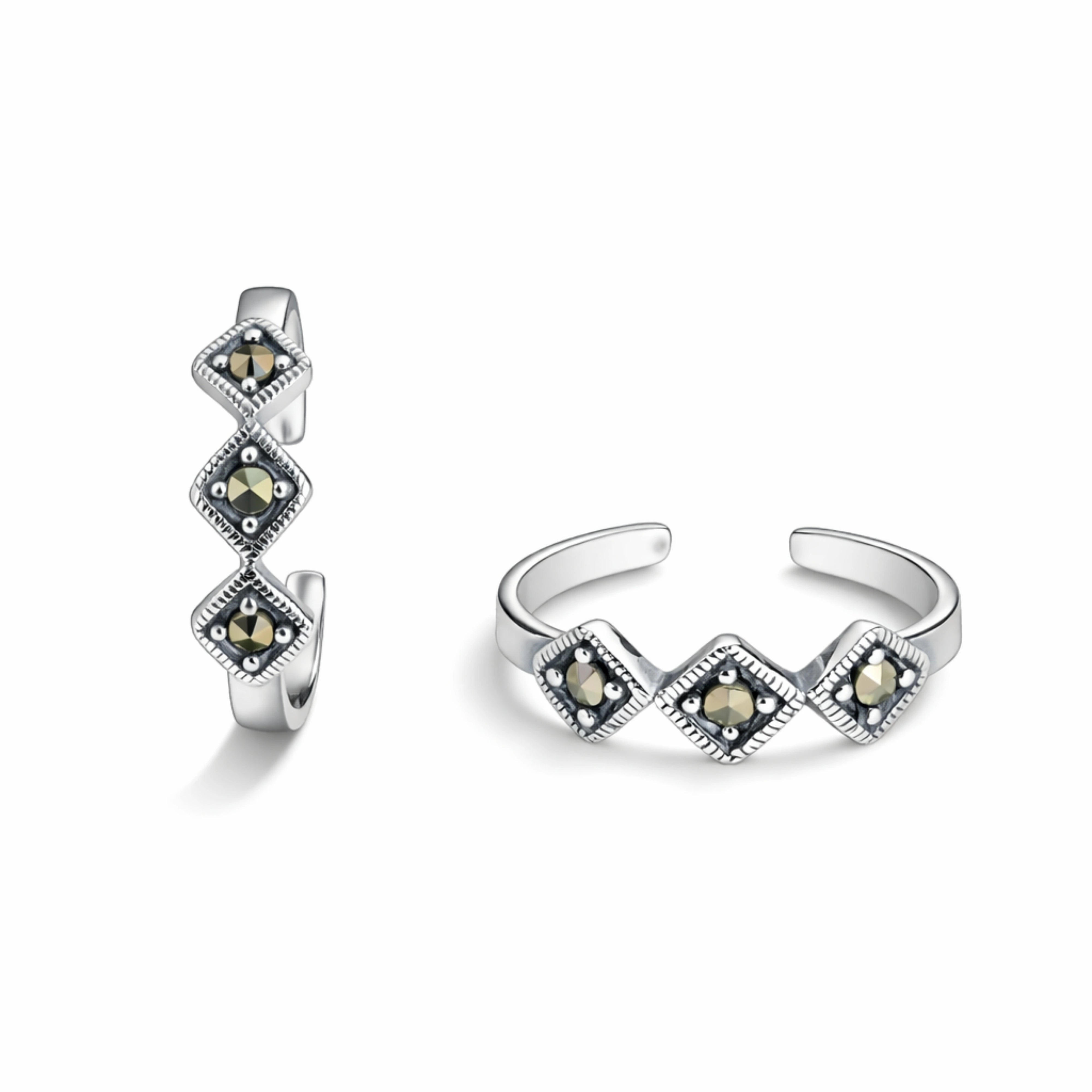 925 Sterling Silver Toe Ring | Geometric Marcasite Adjustable Band
