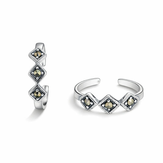 925 Sterling Silver Toe Ring | Geometric Marcasite Adjustable Band