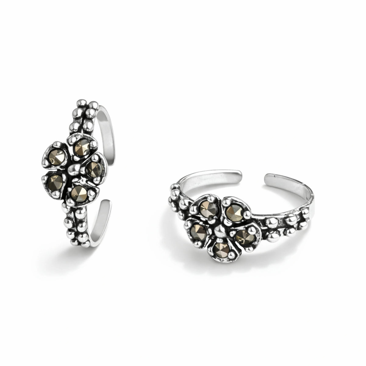 925 Sterling Silver Toe Ring | Floral Marcasite Adjustable Band