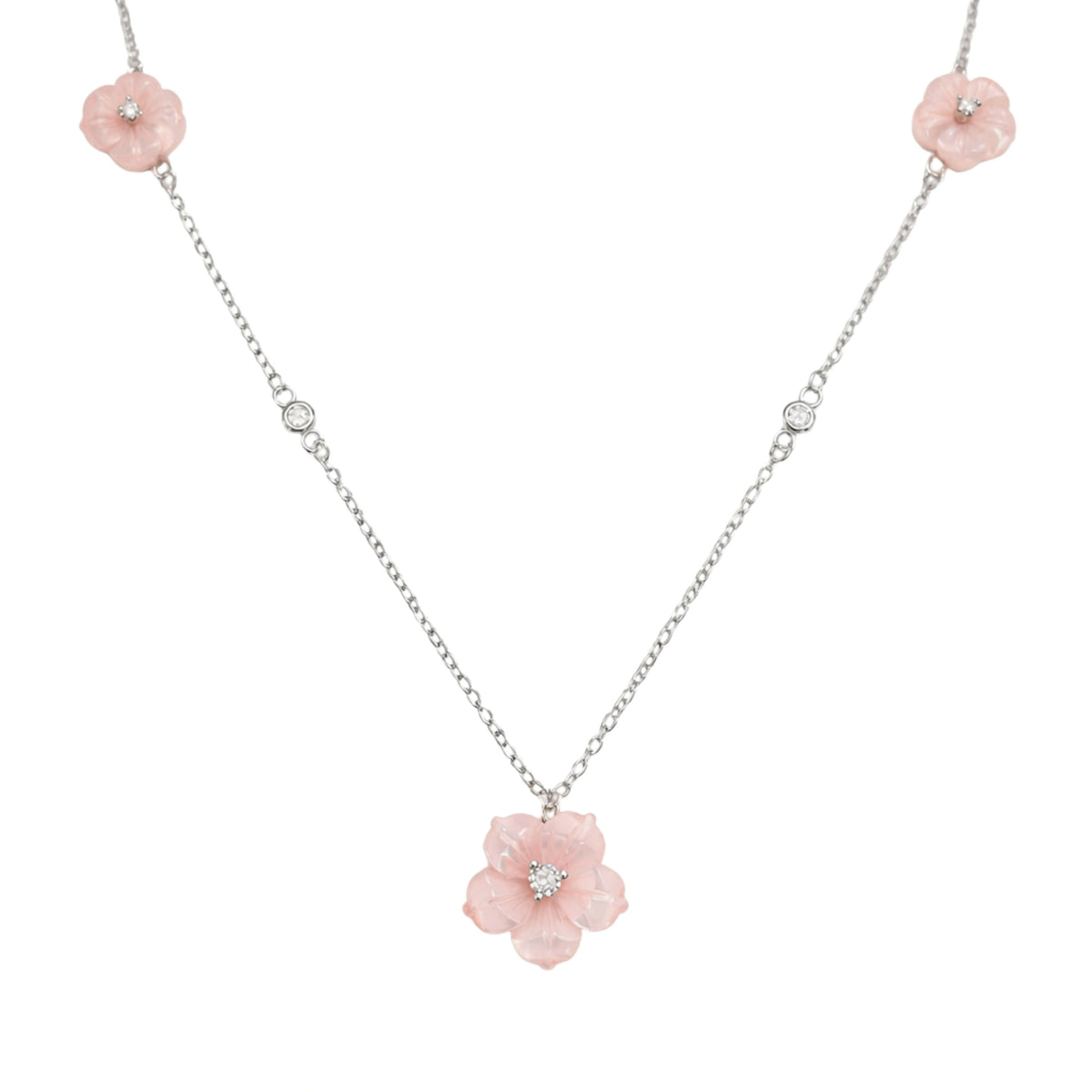 925 Sterling Silver Pink Mother of Pearl Flower Necklace