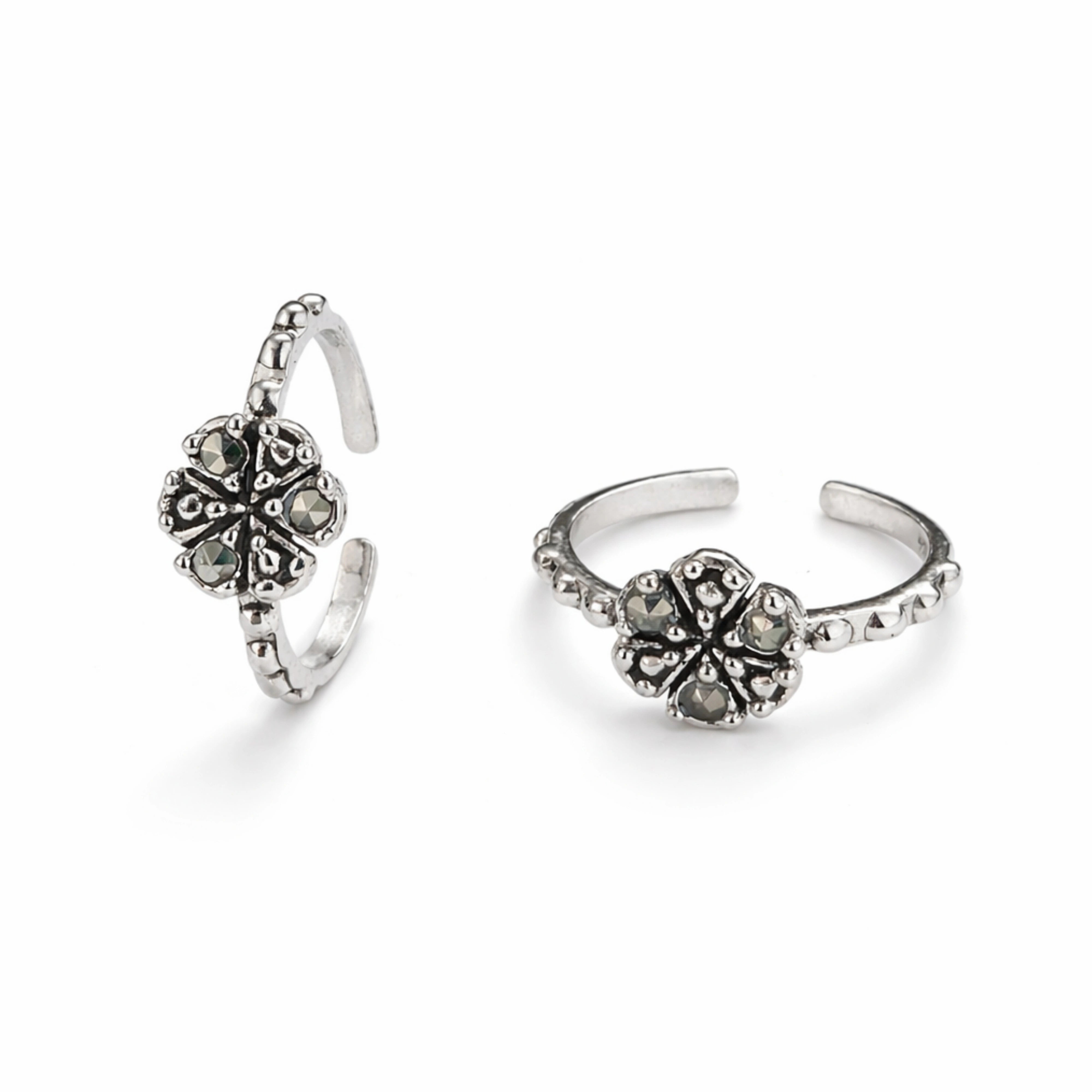 925 Sterling Silver Toe Ring | Petite Floral Marcasite Adjustable Band