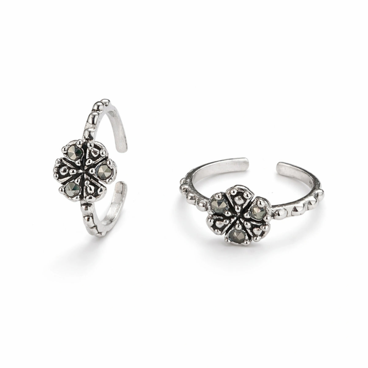 925 Sterling Silver Toe Ring | Petite Floral Marcasite Adjustable Band