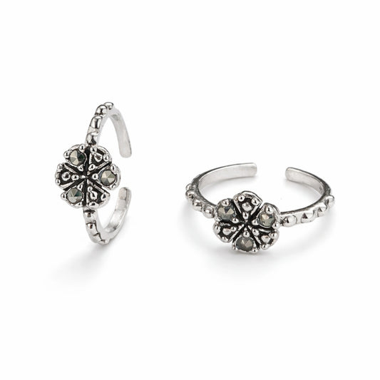 925 Sterling Silver Toe Ring | Petite Floral Marcasite Adjustable Band