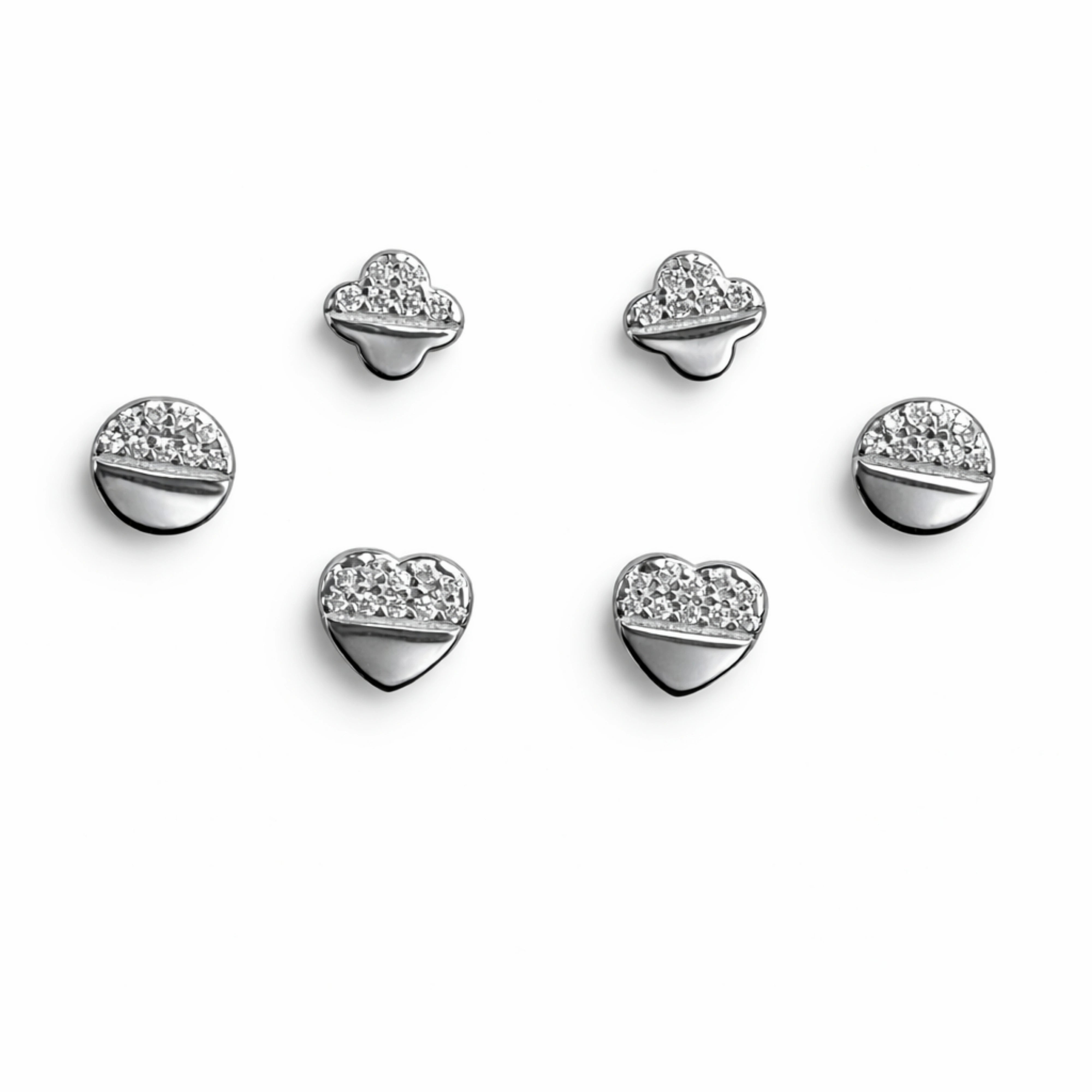 925 Sterling Silver 3 Pair Stud Earrings Set | Heart, Round & Clover CZ Studs
