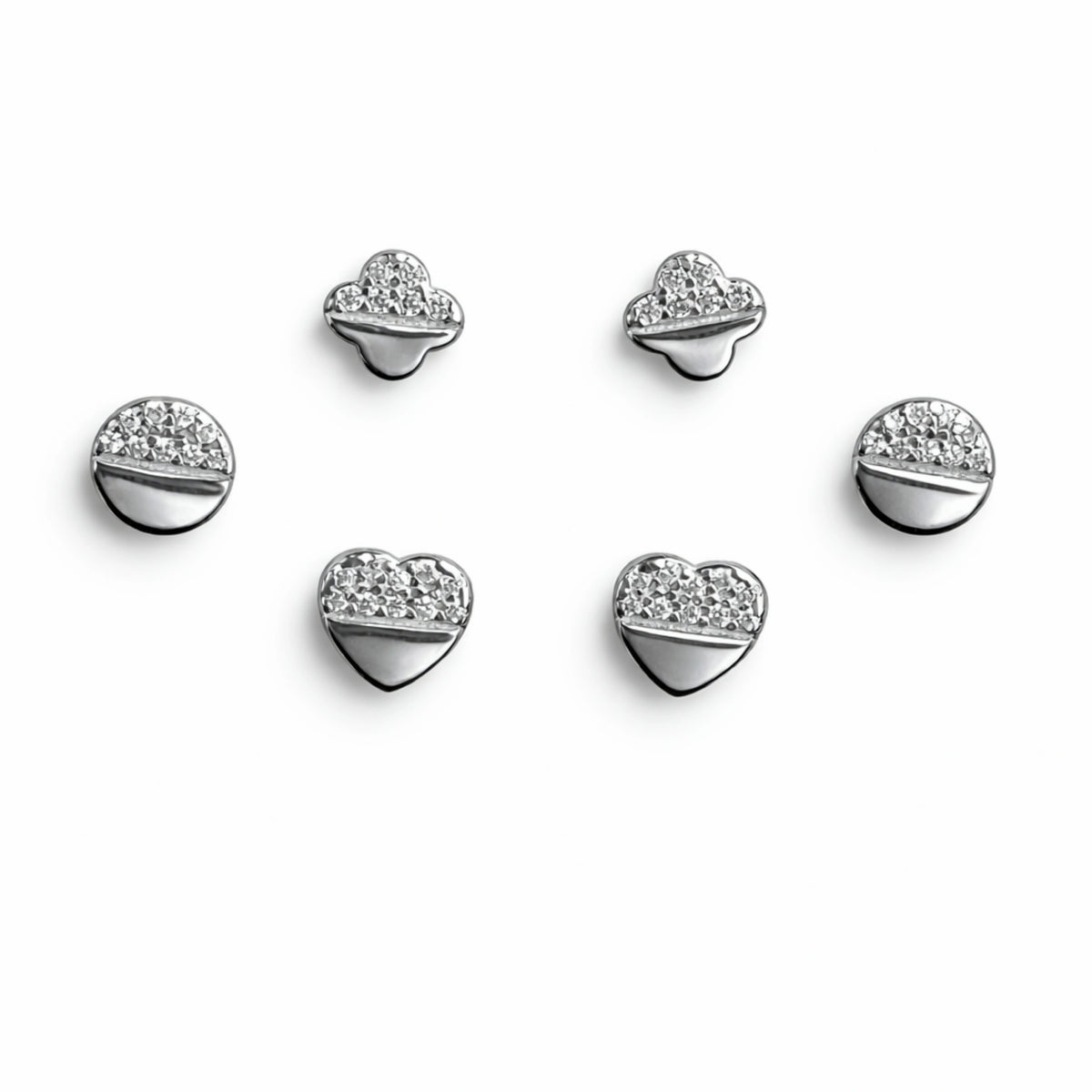 925 Sterling Silver 3 Pair Stud Earrings Set | Heart, Round & Clover CZ Studs