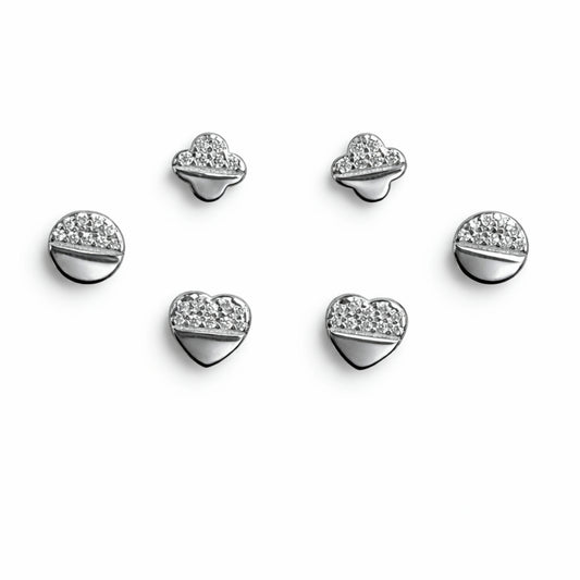 925 Sterling Silver 3 Pair Stud Earrings Set | Heart, Round & Clover CZ Studs