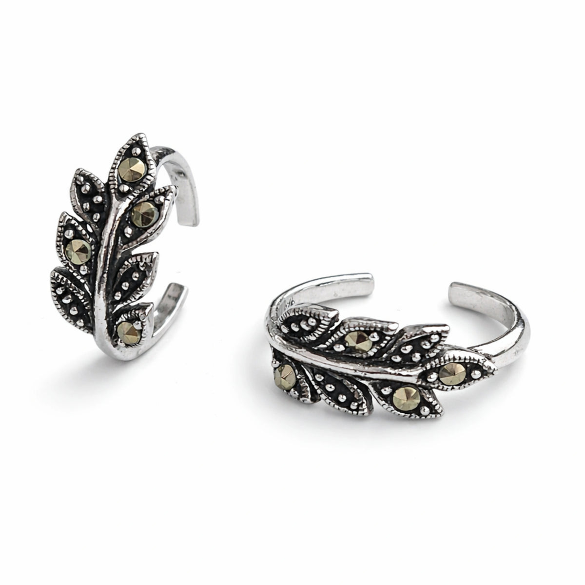 925 Sterling Silver Toe Ring | Leaf Vine Marcasite Adjustable Band