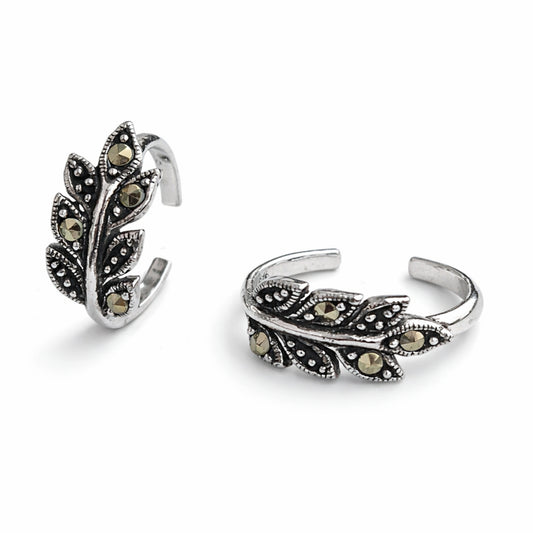 925 Sterling Silver Toe Ring | Leaf Vine Marcasite Adjustable Band