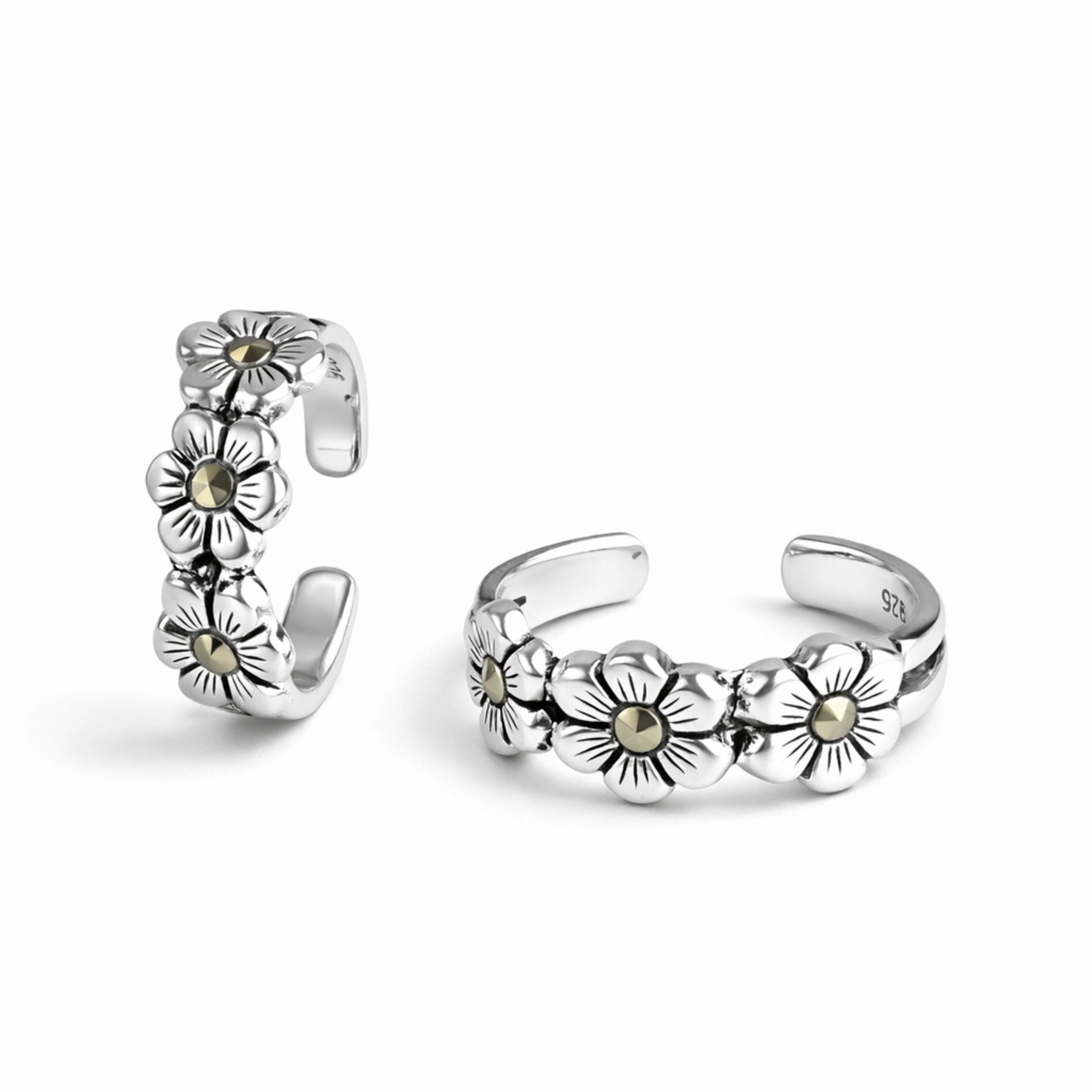 925 Sterling Silver Toe Ring | Triple Flower Marcasite Adjustable Band