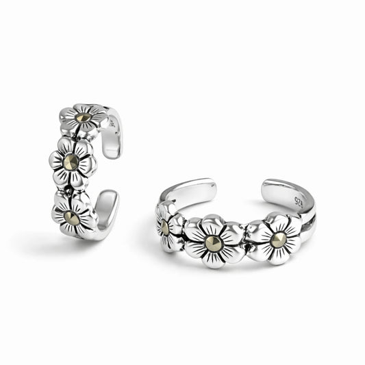 925 Sterling Silver Toe Ring | Triple Flower Marcasite Adjustable Band