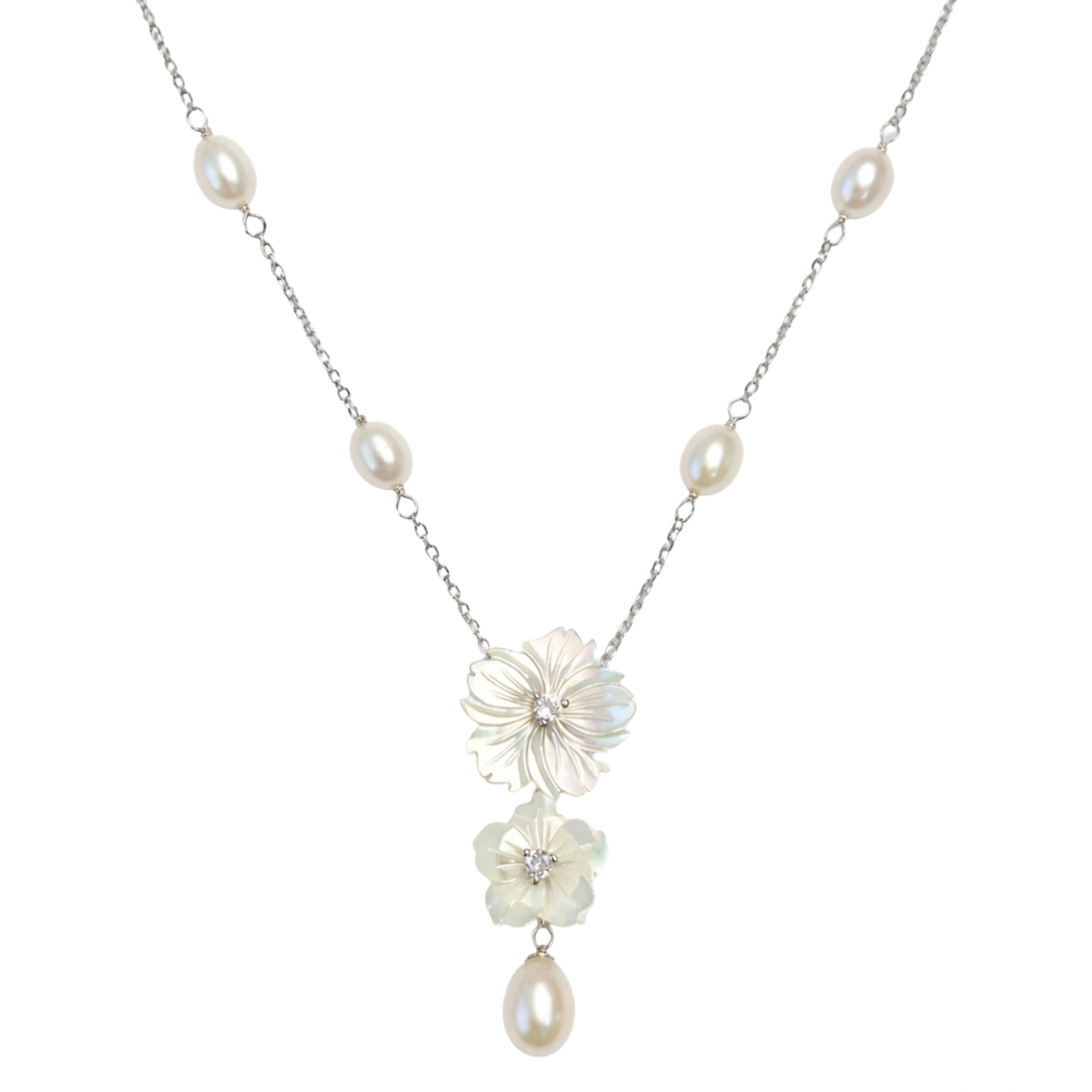 925 Sterling Silver Mother of Pearl Flower Necklace with Pearl Drop
