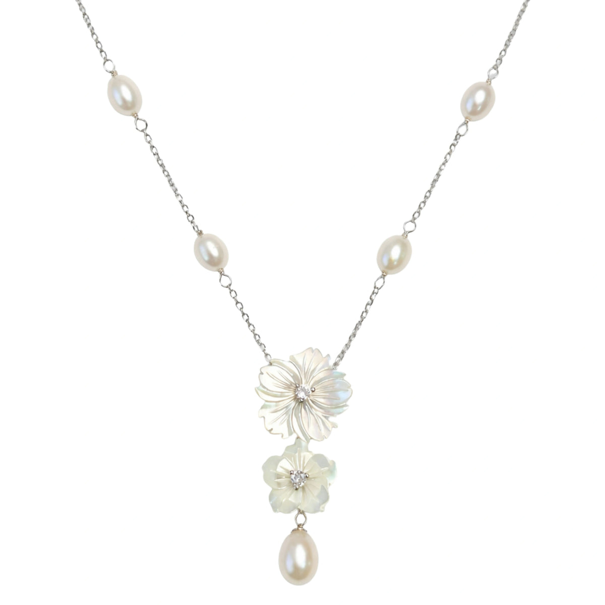 925 Sterling Silver Mother of Pearl Flower Necklace with Pearl Drop