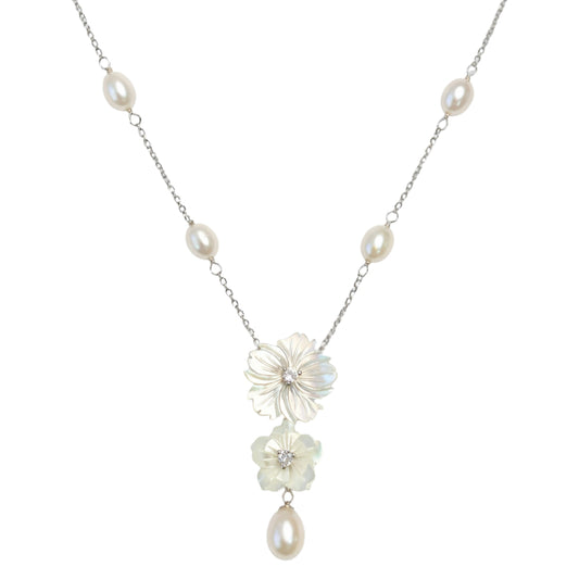 925 Sterling Silver Mother of Pearl Flower Necklace with Pearl Drop