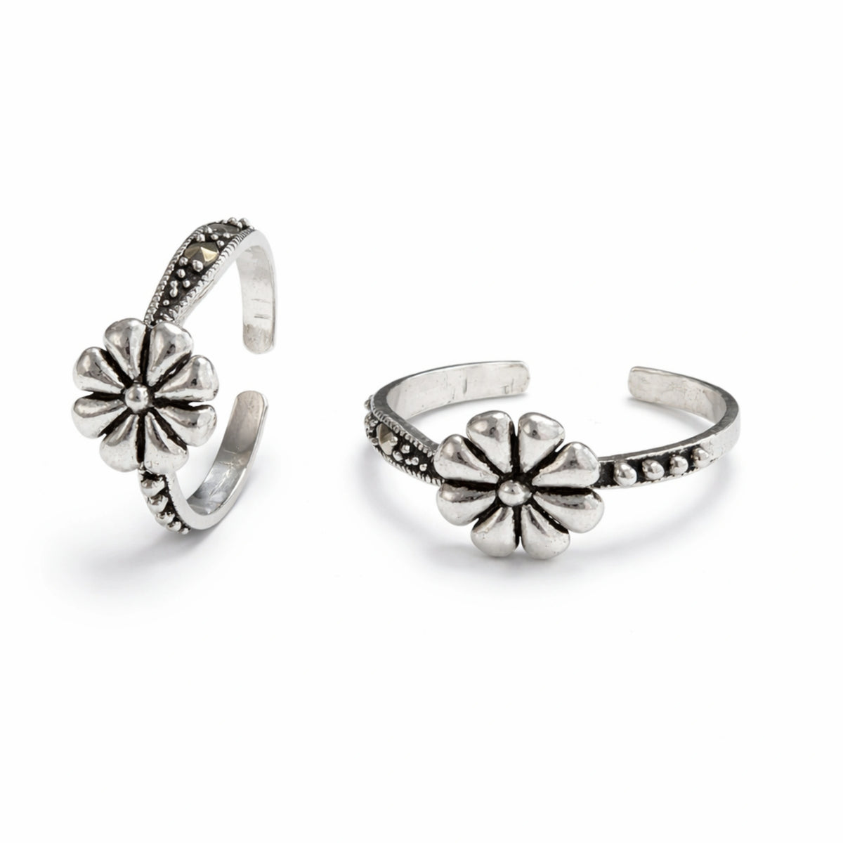 925 Sterling Silver Toe Ring | Single Flower Marcasite Adjustable Band