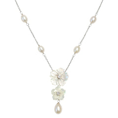 925 Sterling Silver Mother of Pearl Flower Necklace with Pearl Drop