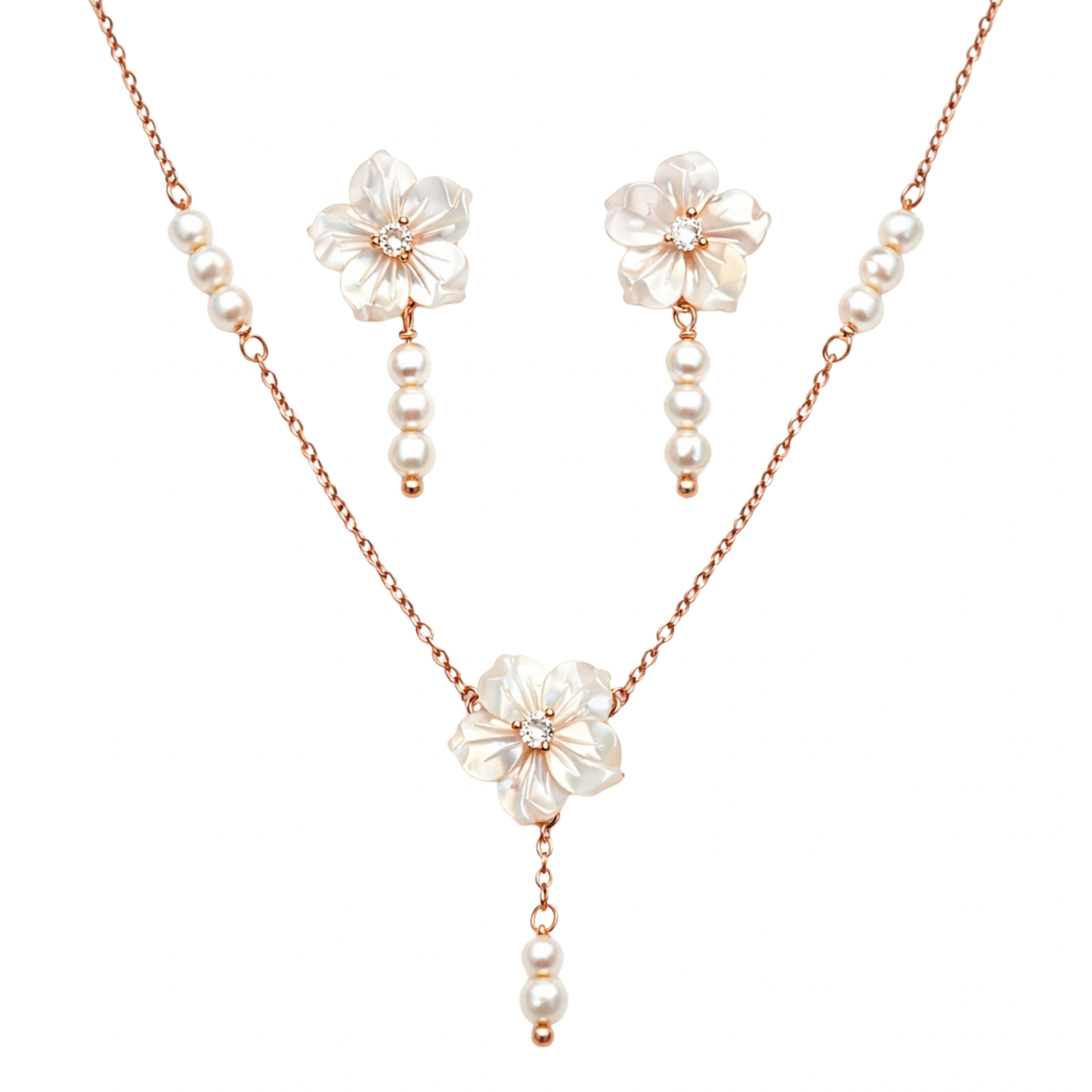 925 Sterling Silver Mother of Pearl Floral Jewelry Set with Pearls