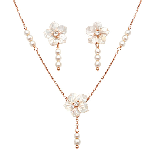 925 Sterling Silver Mother of Pearl Floral Jewelry Set with Pearls