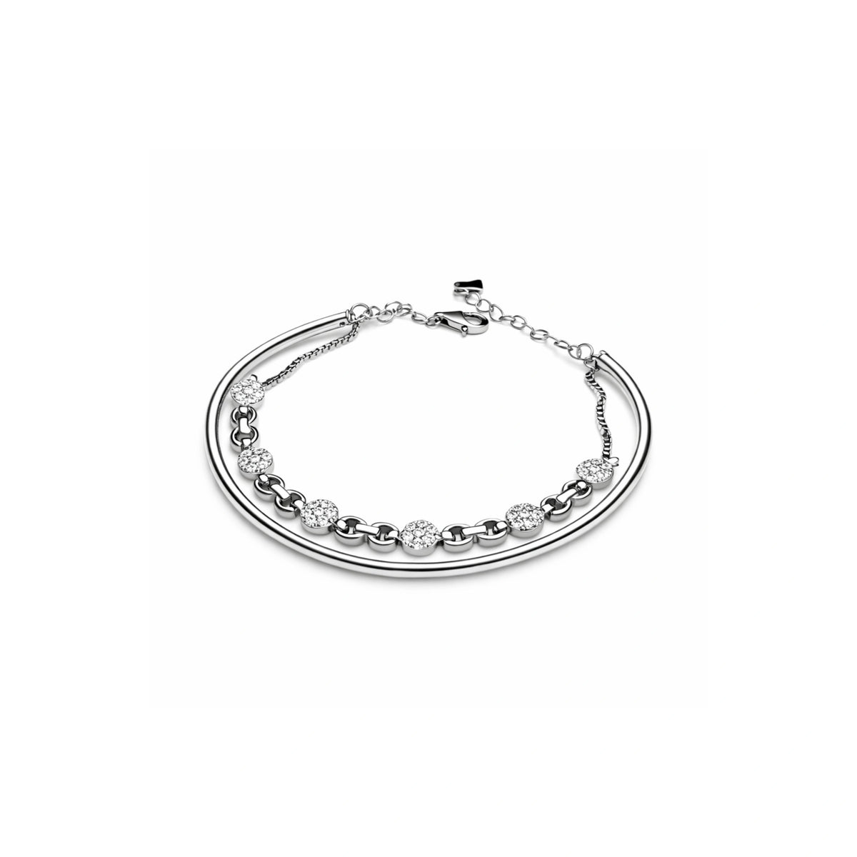 925 Sterling Silver Double Layer Bracelet with CZ Round Stations