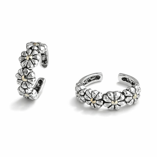 925 Sterling Silver Toe Ring | Multi Flower Marcasite Adjustable Band