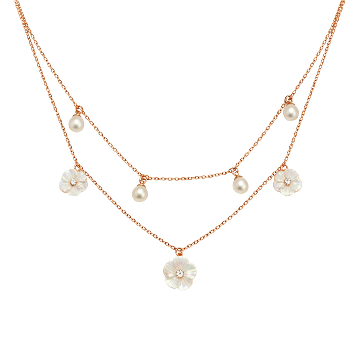925 Sterling Silver Mother of Pearl Layered Necklace with Pearls