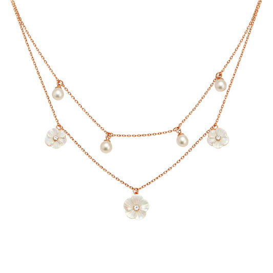 925 Sterling Silver Mother of Pearl Layered Necklace with Pearls