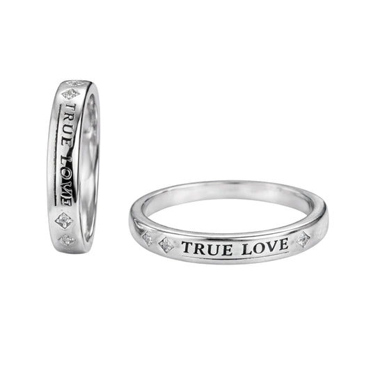 925 Sterling Silver True Love Engraved Couple Rings with Cubic Zirconia