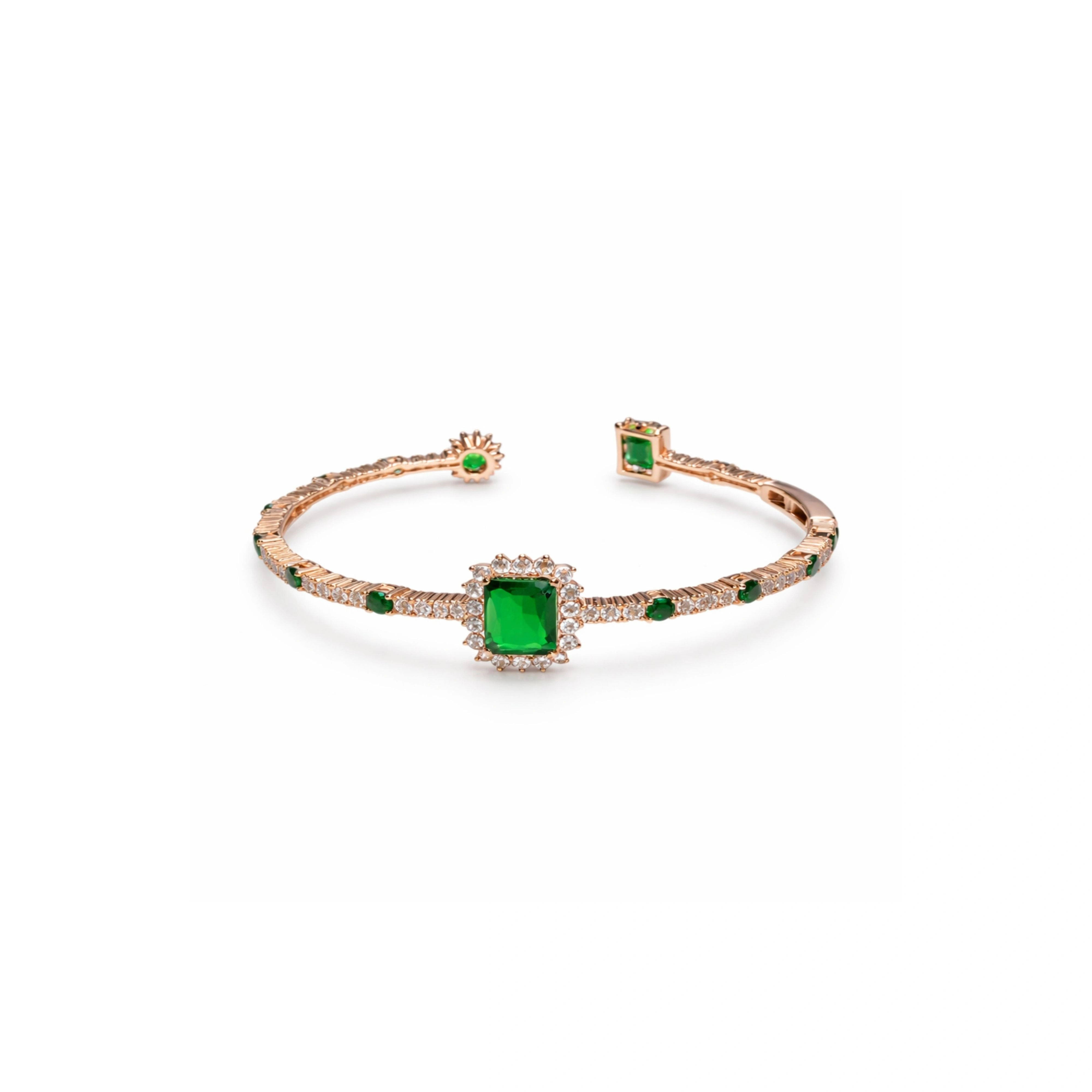 925 Silver Rose Gold Plated 925 Sterling Silver Emerald Green Open Cuff Bracelet
