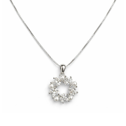 925 Sterling Silver Pearl & Cubic Zirconia Wreath Pendant Necklace for Women
