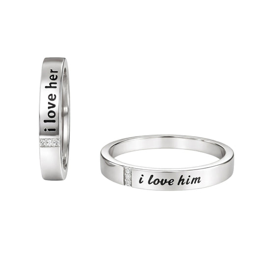 925 Sterling Silver I Love Her & I Love Him Engraved Couple Rings with Cubic Zirconia