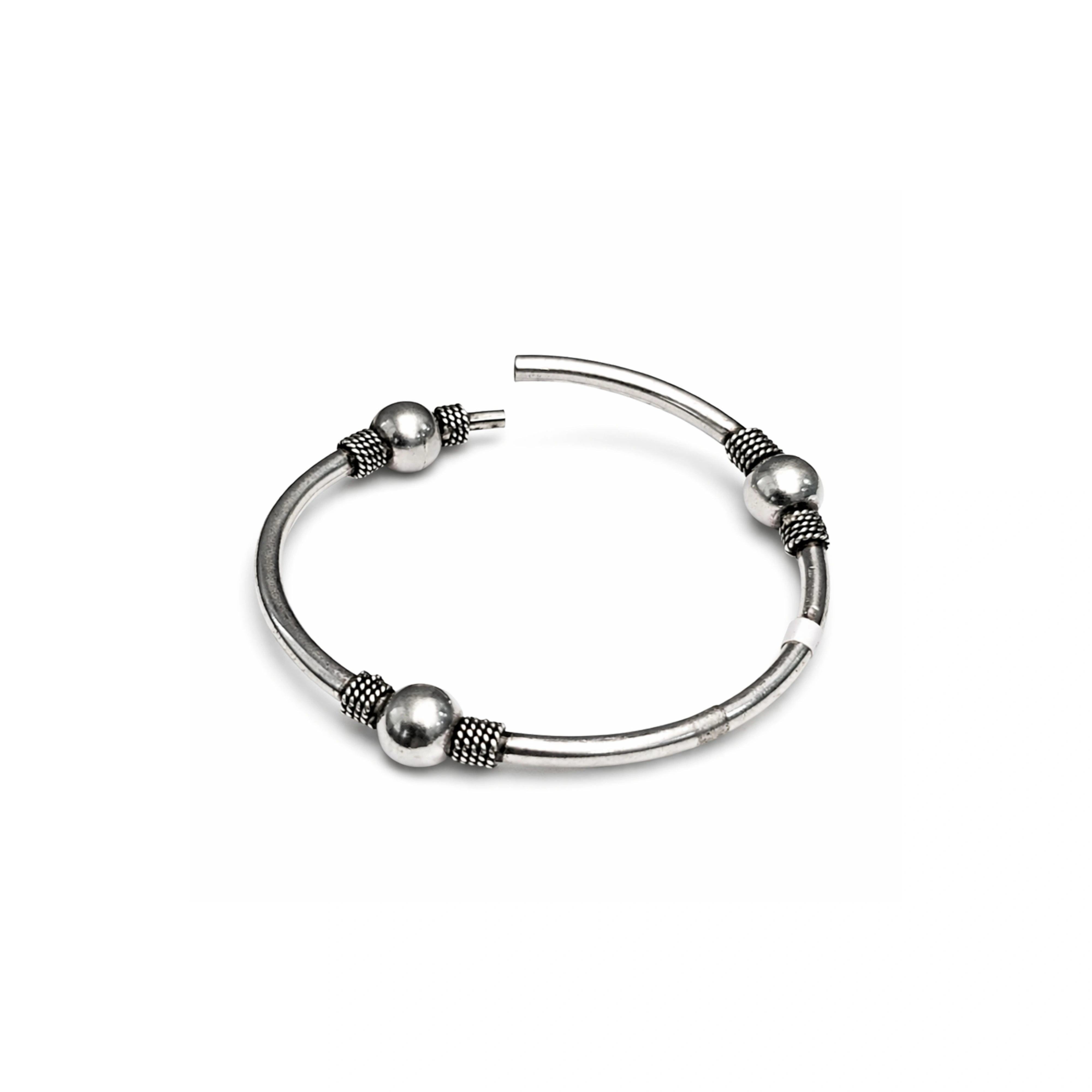 925 Sterling Silver Beaded Open Bangle Bracelet with Oxidized Spacer Detailing